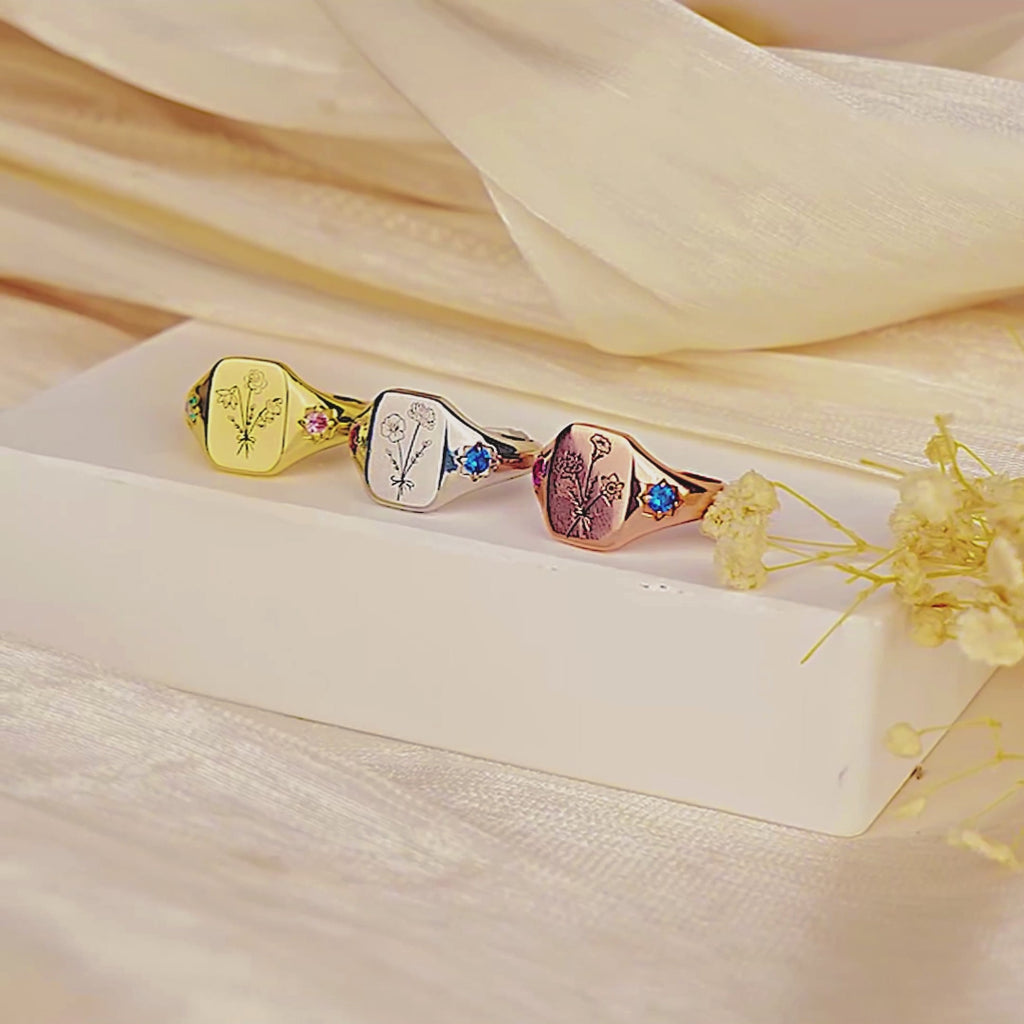 Personalized Birth Flower Birthstone Ring