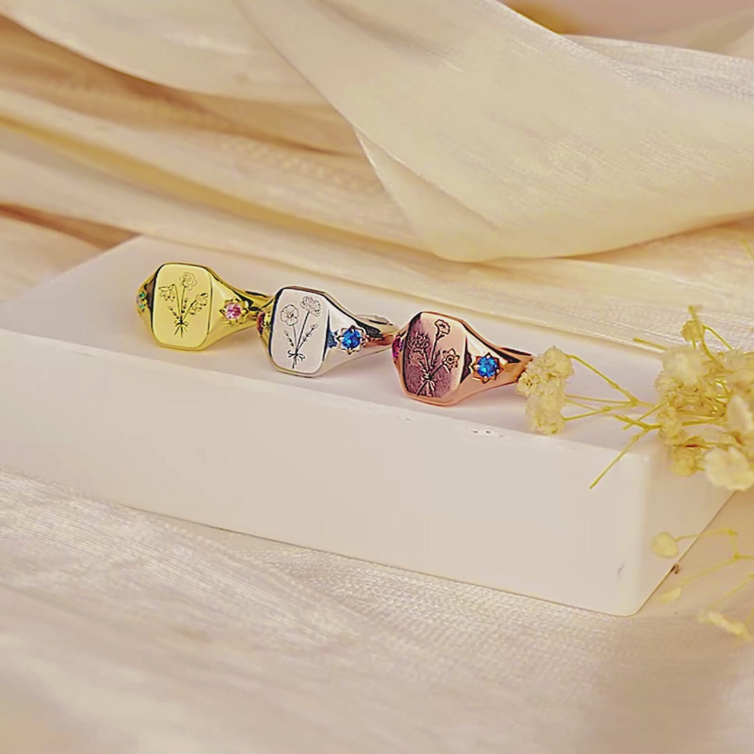Personalized Birth Flower Birthstone Ring