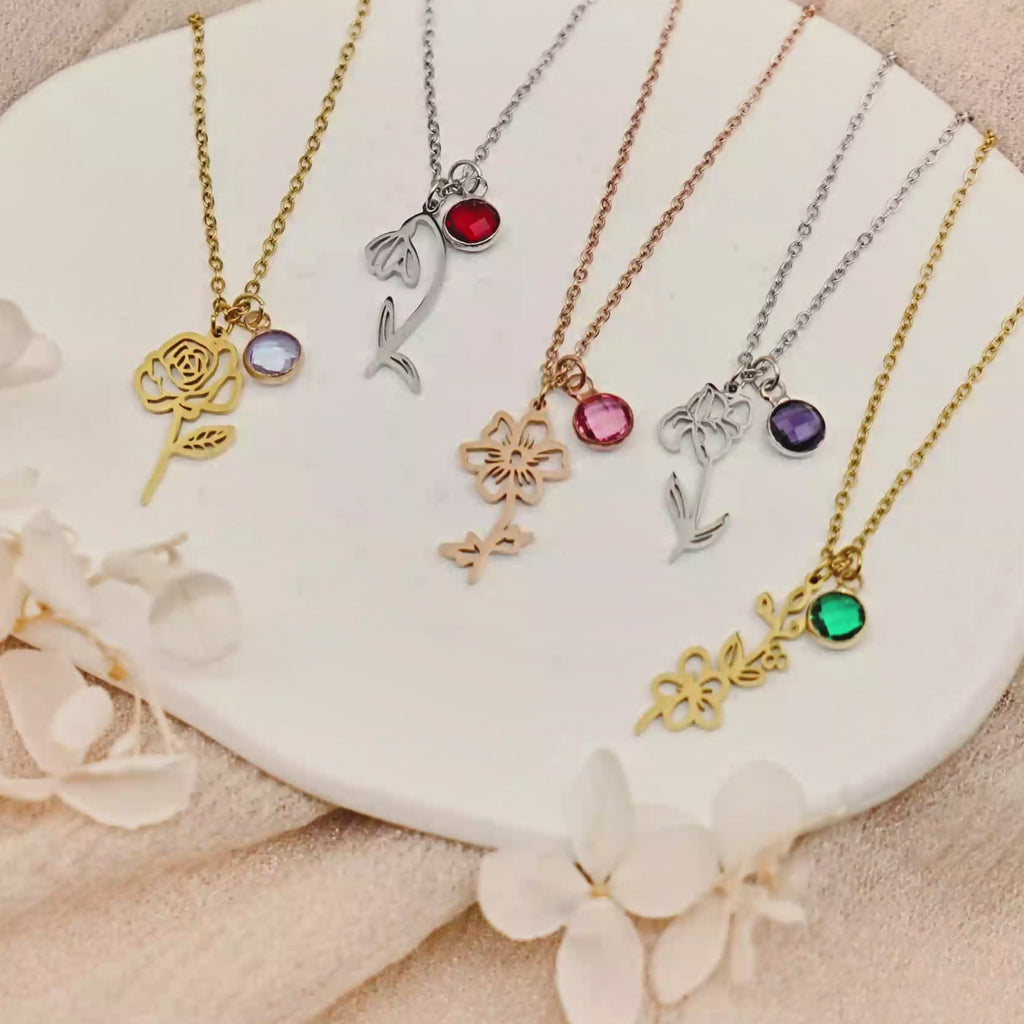 Stainless Steel Birth Flower and Birthstone Charm Necklace