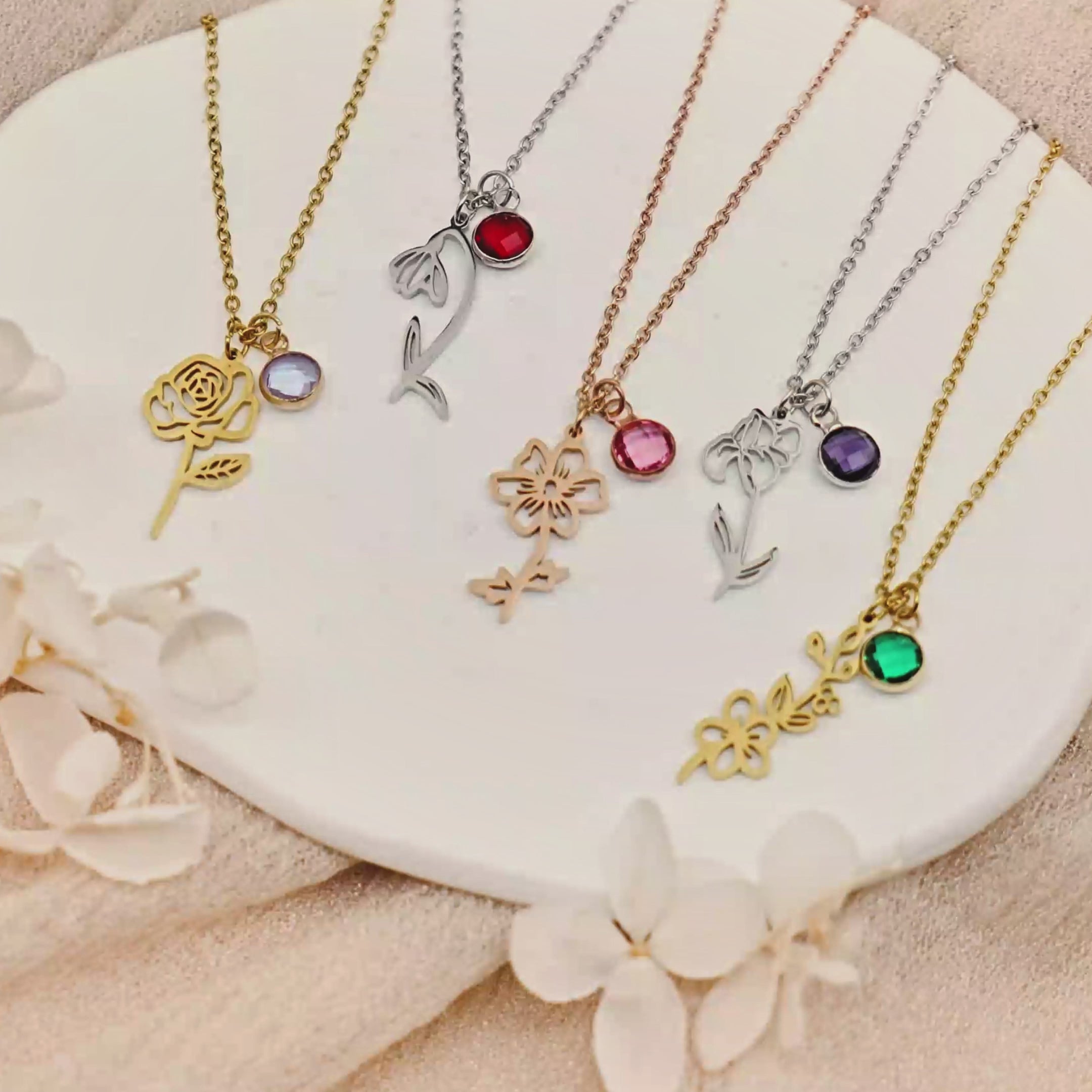 Stainless Steel Birth Flower and Birthstone Charm Necklace