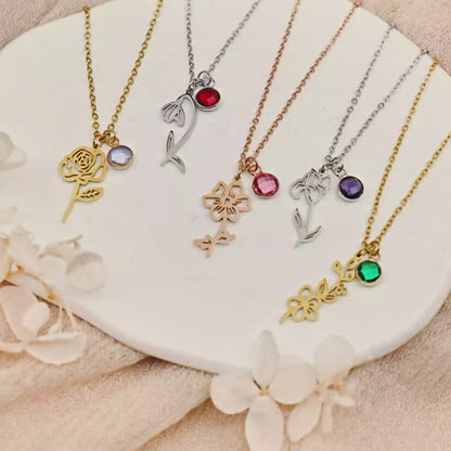 Stainless Steel Birth Flower and Birthstone Charm Necklace