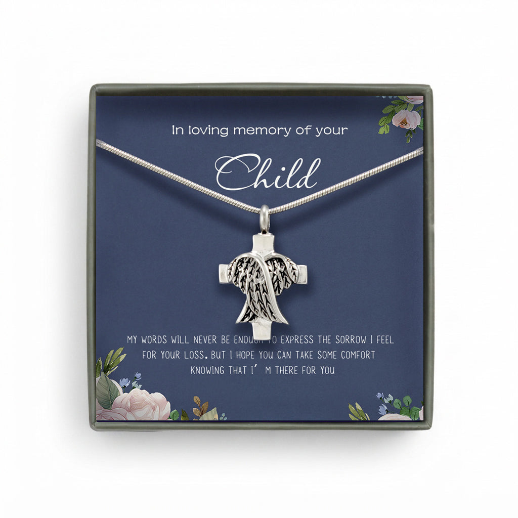 "In Loving Memory of your Child" Card and Angel Cross Memorial Necklace