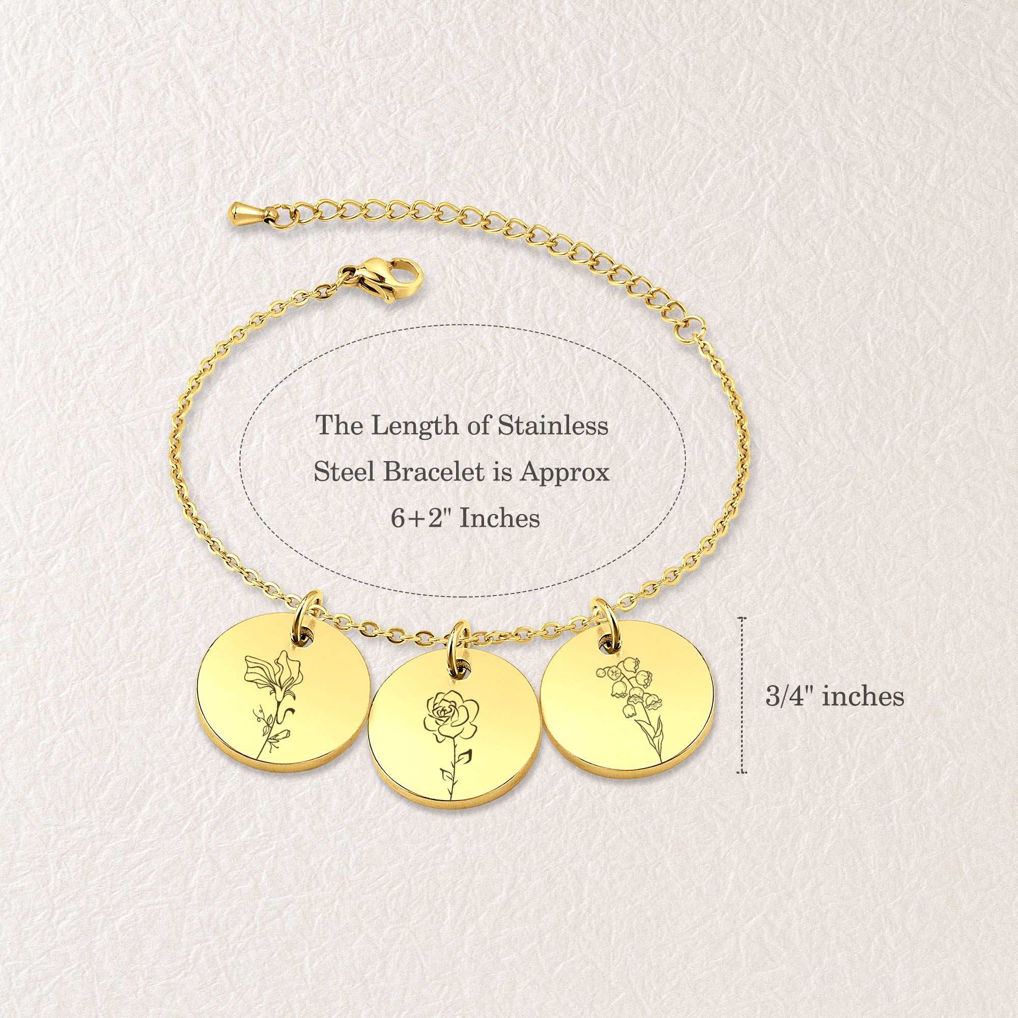 Custom Birth Flower Charm Stainless Steel Bracelet