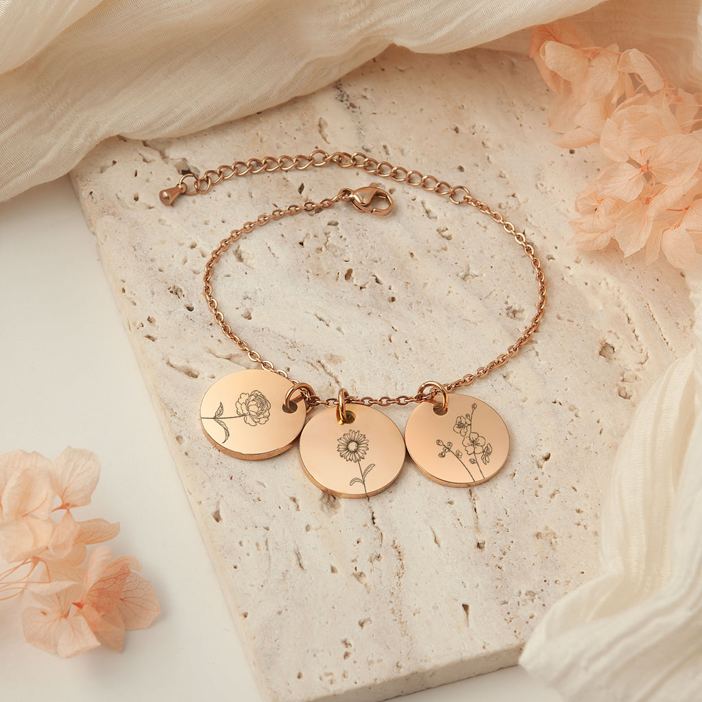 Custom Birth Flower Charm Stainless Steel Bracelet