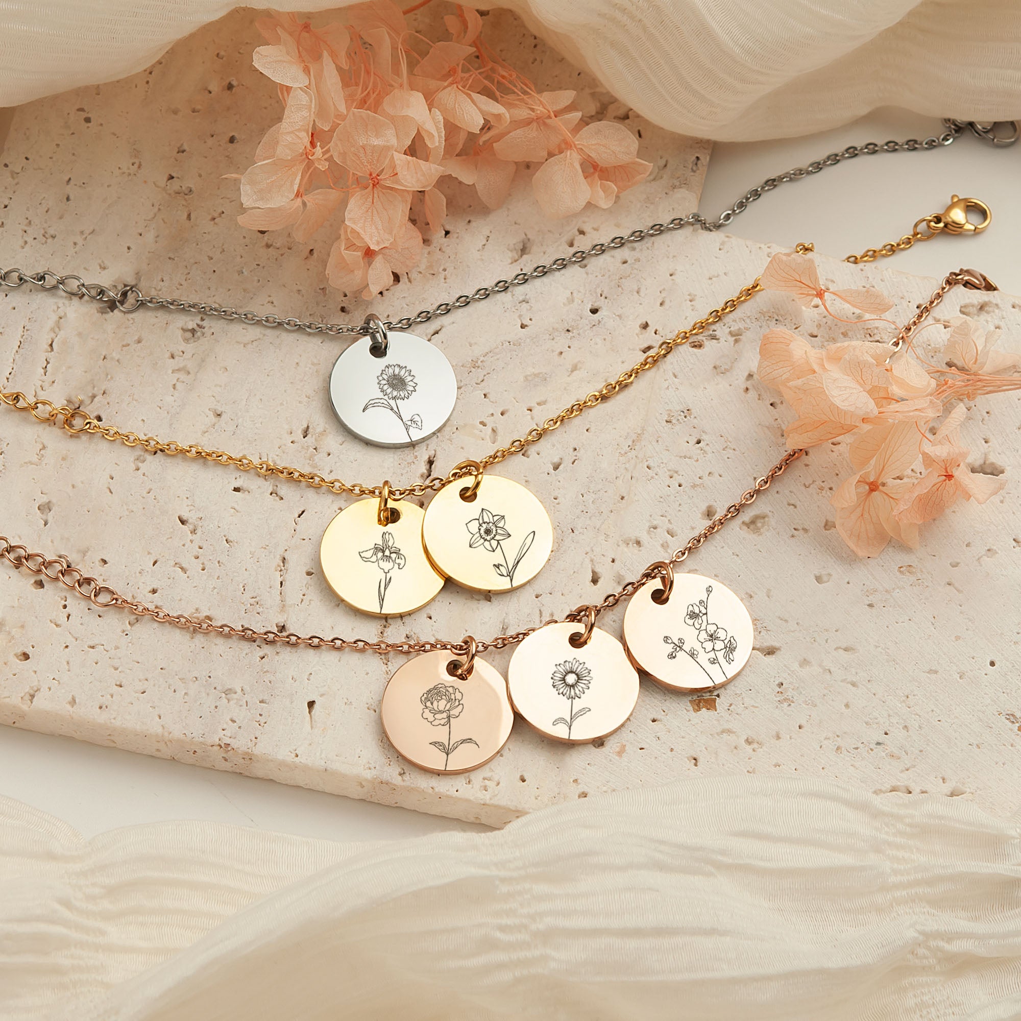 Custom Birth Flower Charm Stainless Steel Bracelet