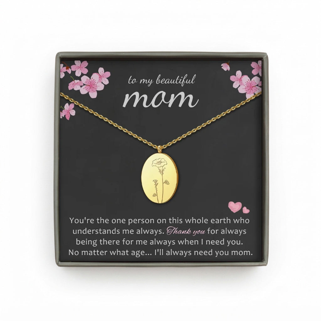"To My Beautiful Mom" Oval Birth Flower Necklace