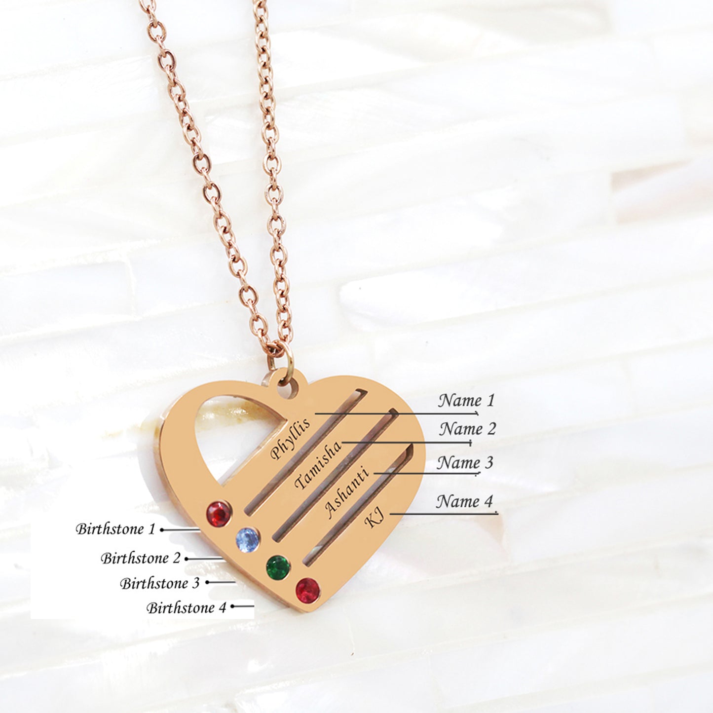 4 Birthstone Name Family Heart Necklace