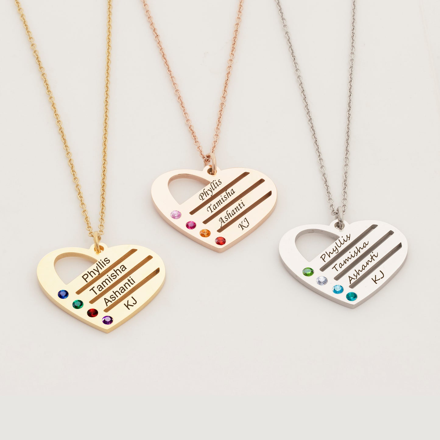 4 Birthstone Name Family Heart Necklace