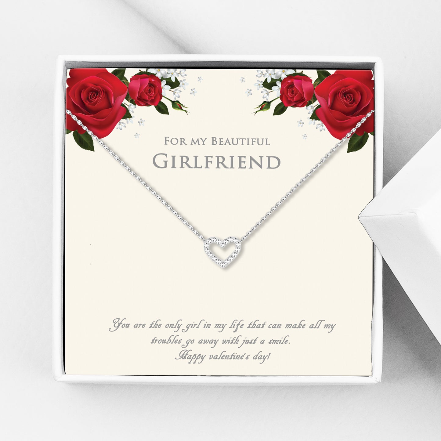 "For my Beautiful Girlfriend" Valentine's Day Card and Heart Necklace