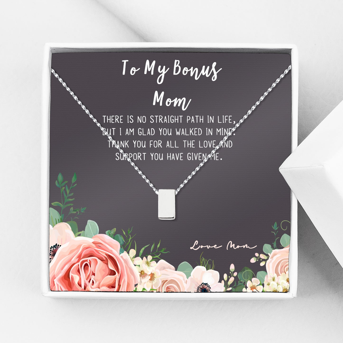 "To My Bonus Mom" Card and Cube Necklace