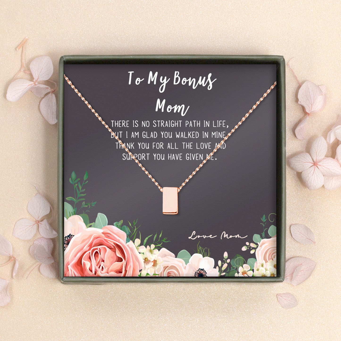 "To my Bonus Mom" Card and Cube Necklace