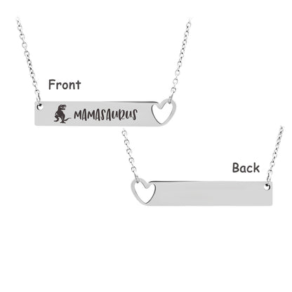 Personalized Mamasaurus Bar with Heart Necklace, Birthday Gift Necklace for Mom, Engraving Dinosaur Mama Necklace