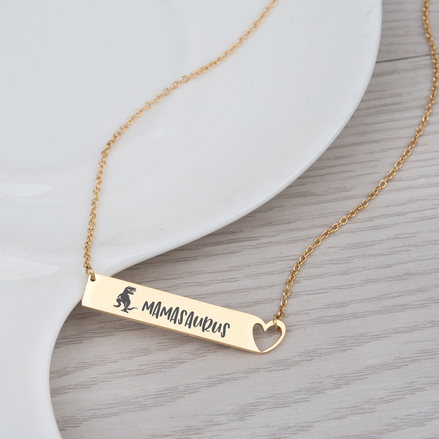 Personalized Mamasaurus Bar with Heart Necklace, Birthday Gift Necklace for Mom, Engraving Dinosaur Mama Necklace