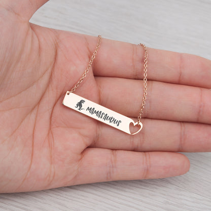 Personalized Mamasaurus Bar with Heart Necklace, Birthday Gift Necklace for Mom, Engraving Dinosaur Mama Necklace