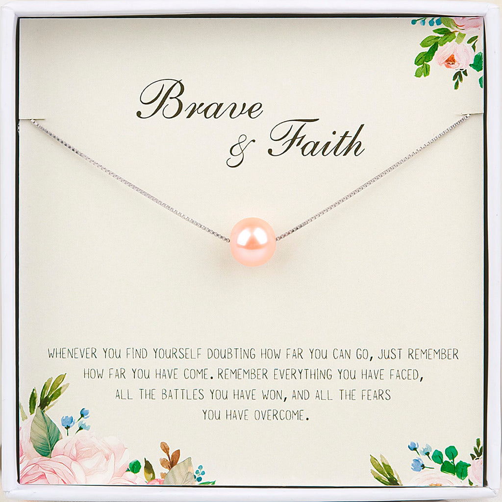 "Brave and Faith" Pearl Motivational Necklace