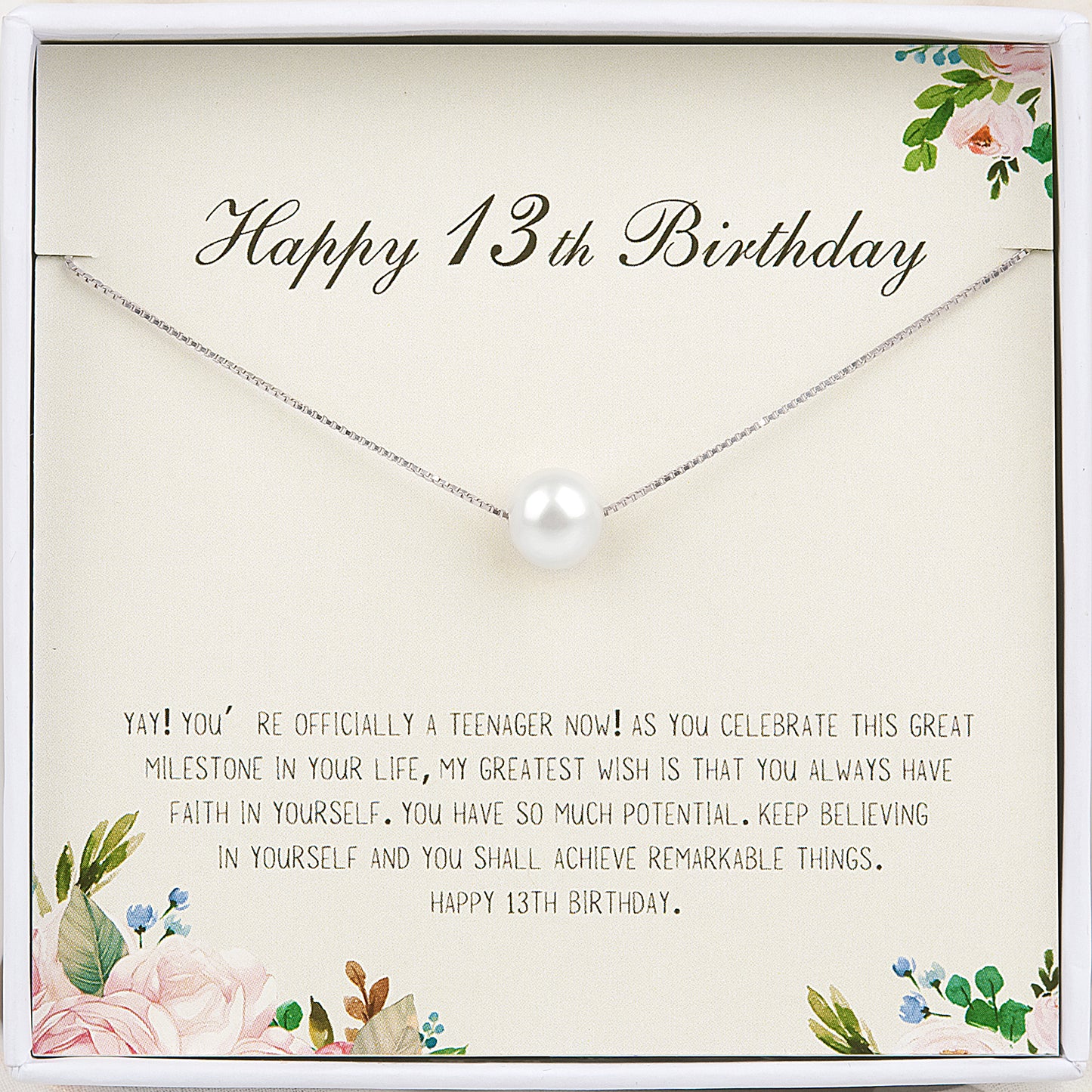 "Happy 13th Birthday" Card and Pearl Necklace