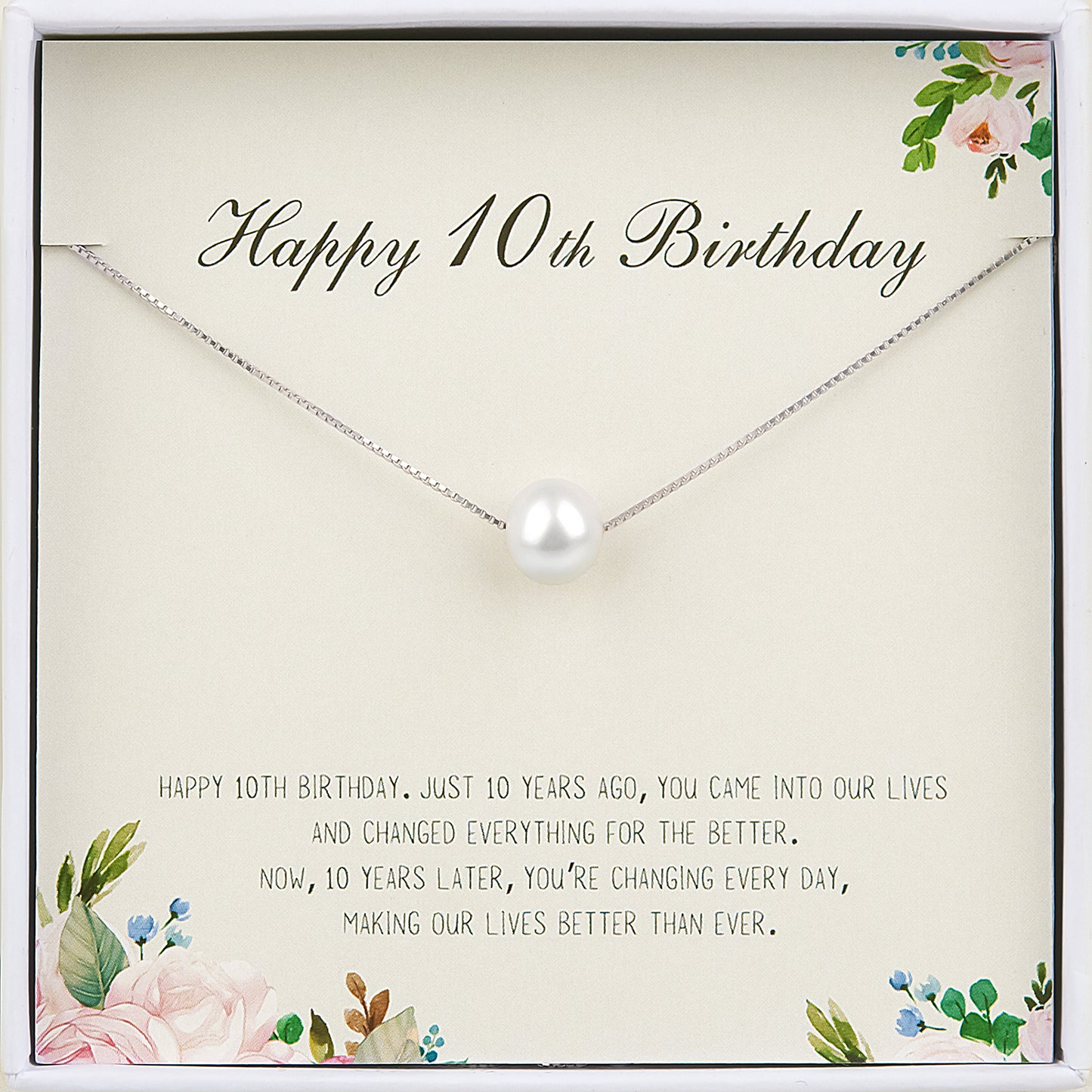 "Happy 10th Birthday" Card and Pearl Necklace