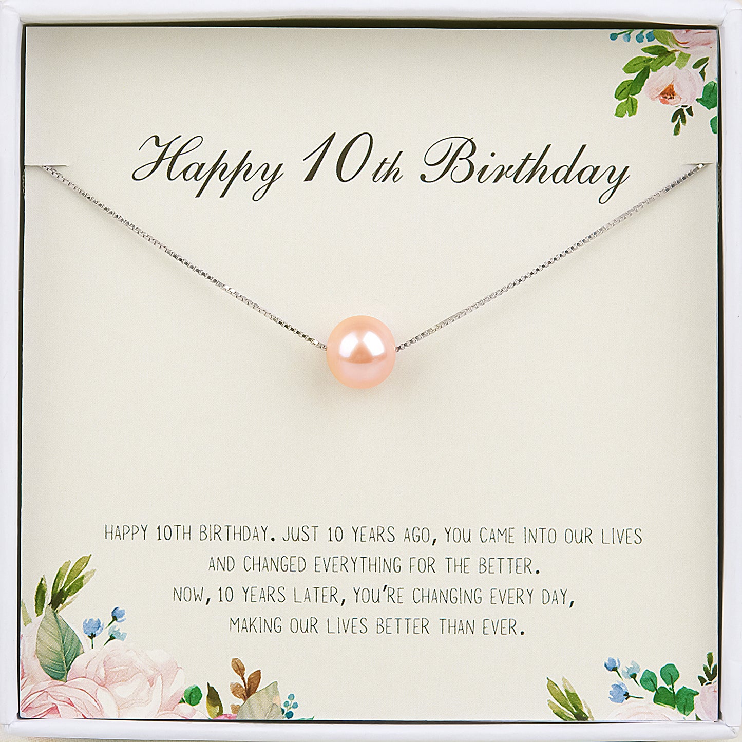 "Happy 10th Birthday" Card and Pearl Necklace