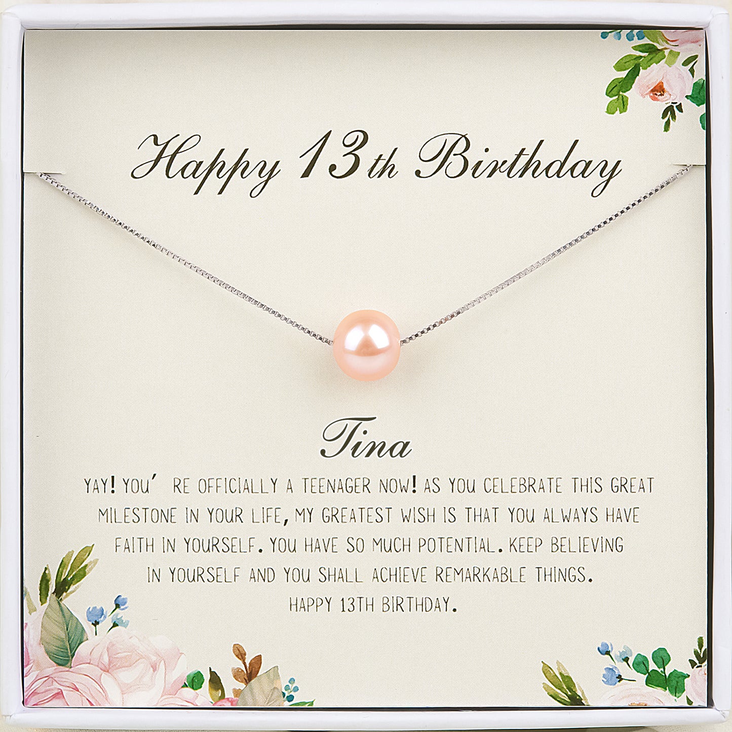 "Happy 13th Birthday" Card and Pearl Necklace