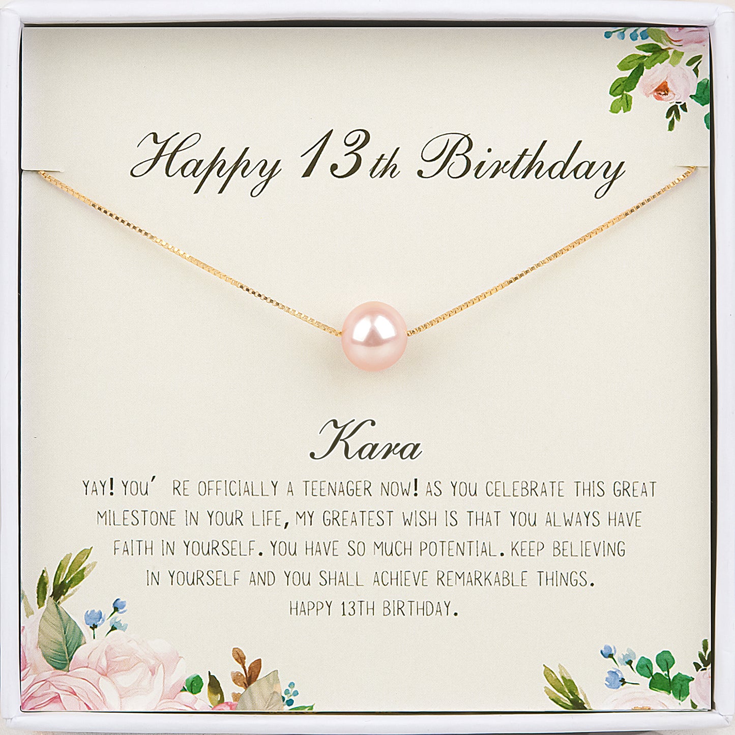 "Happy 13th Birthday" Card and Pearl Necklace