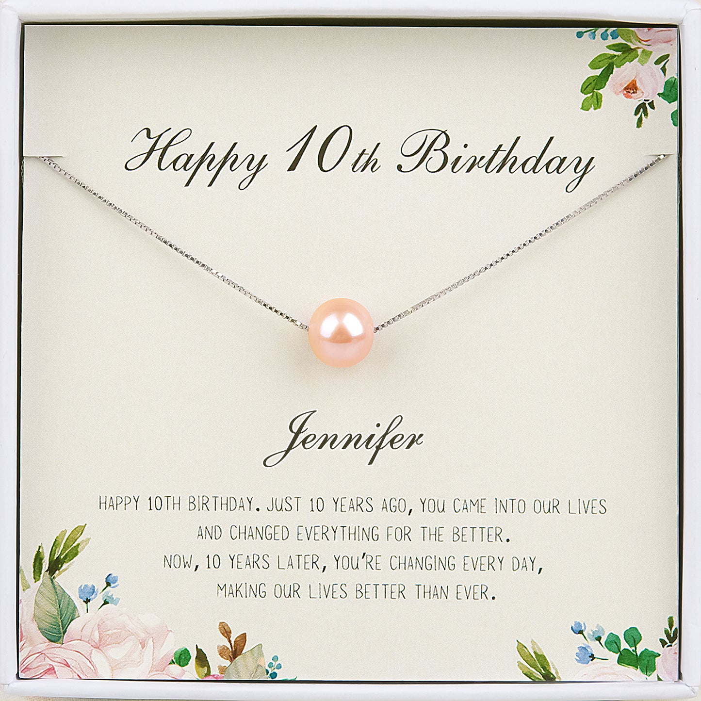 "Happy 10th Birthday" Card and Pearl Necklace