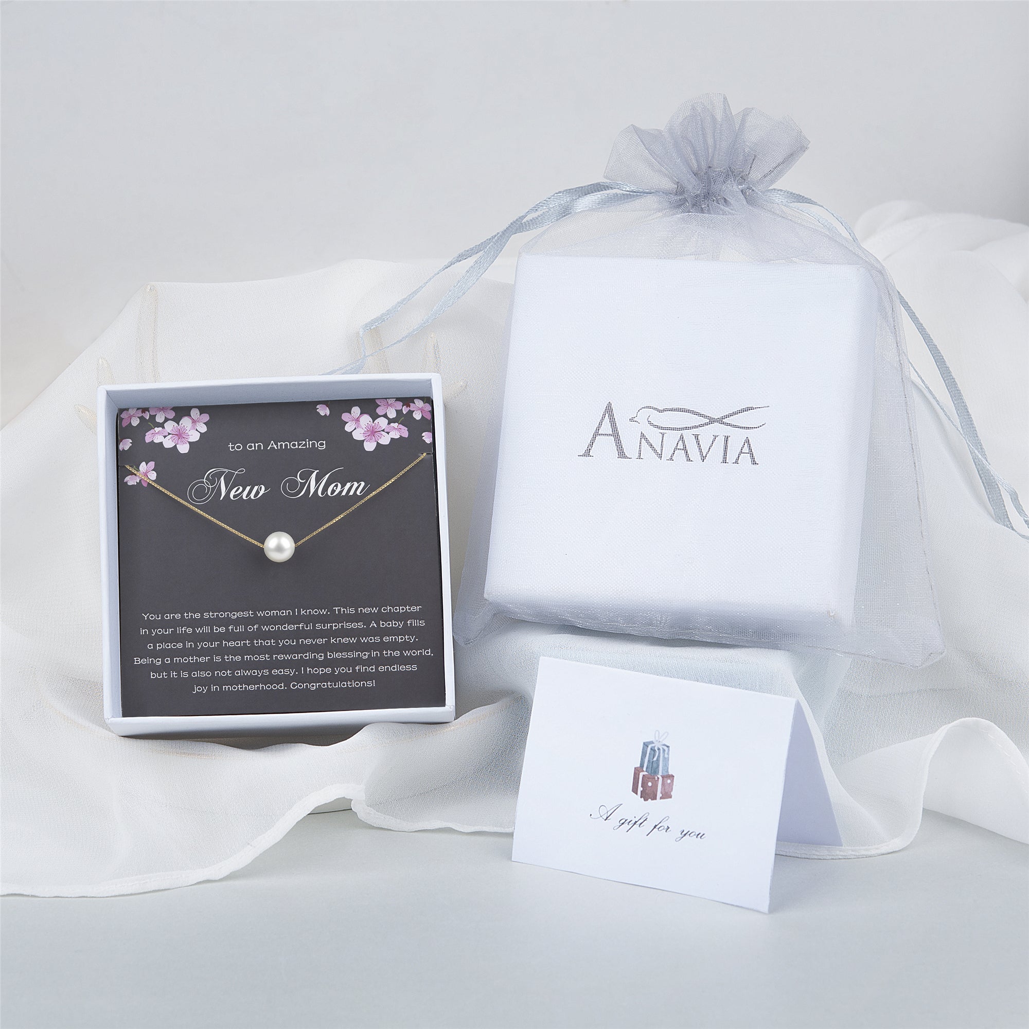 "To an Amazing New Mom" Card and Pearl Necklace