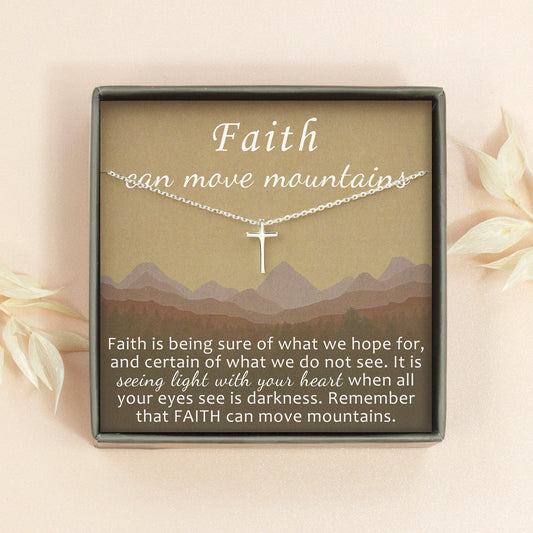 "Faith Can Move Mountains" Card and Sterling Cross Necklace