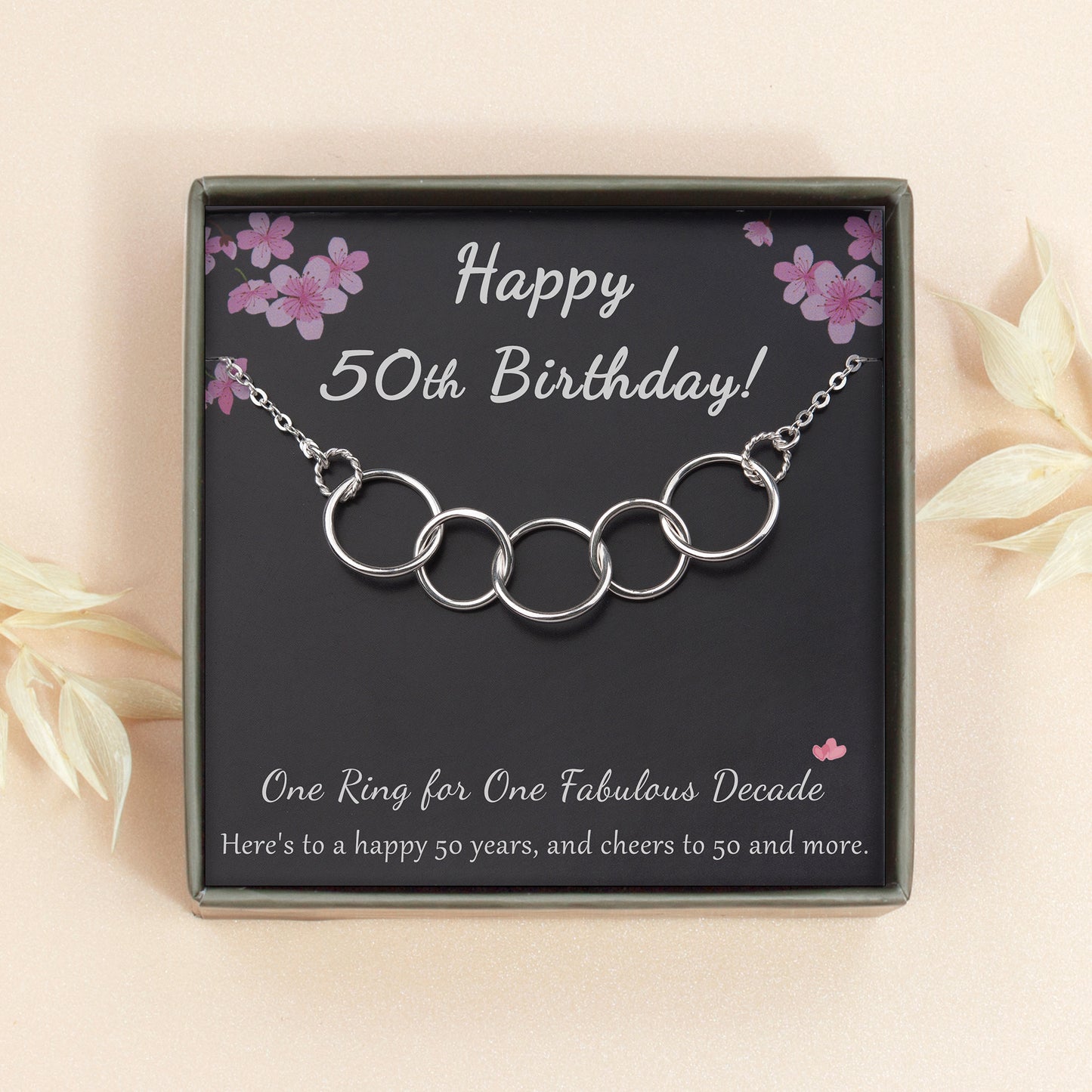 "Happy 50th Birthday" Card and Interlocking Ring Necklace