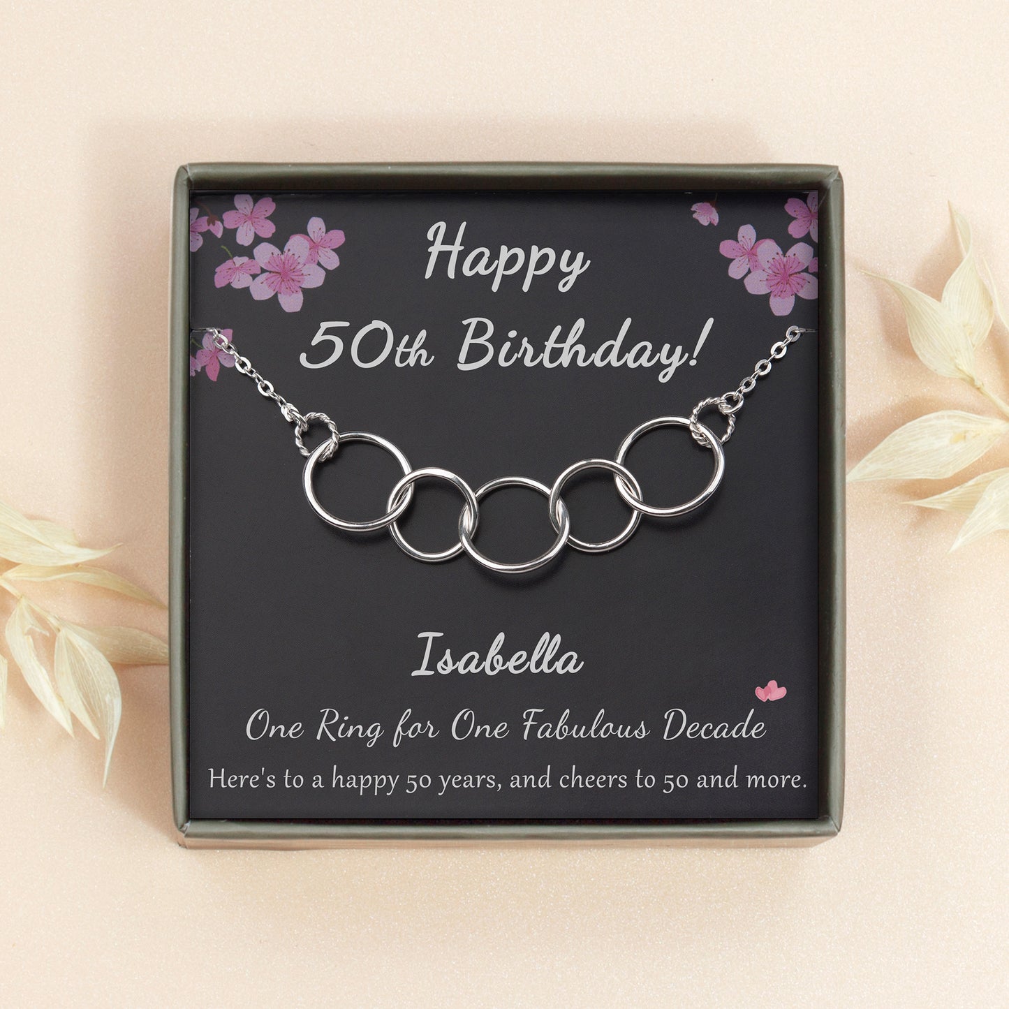 "Happy 50th Birthday" Card and Interlocking Ring Necklace