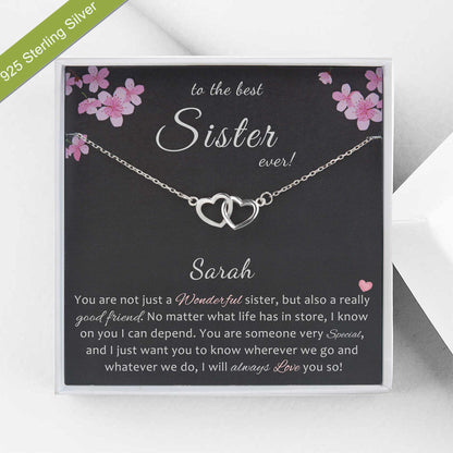 Personalized Best Sister Necklace for Big Sister Birthday Gift, 925 Sterling Silver Double Heart Necklace Gift