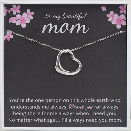 Personalized Mom Necklace Mother's Day Card Gift, To my beautiful Mom 925 Sterling Silver Heart Necklace