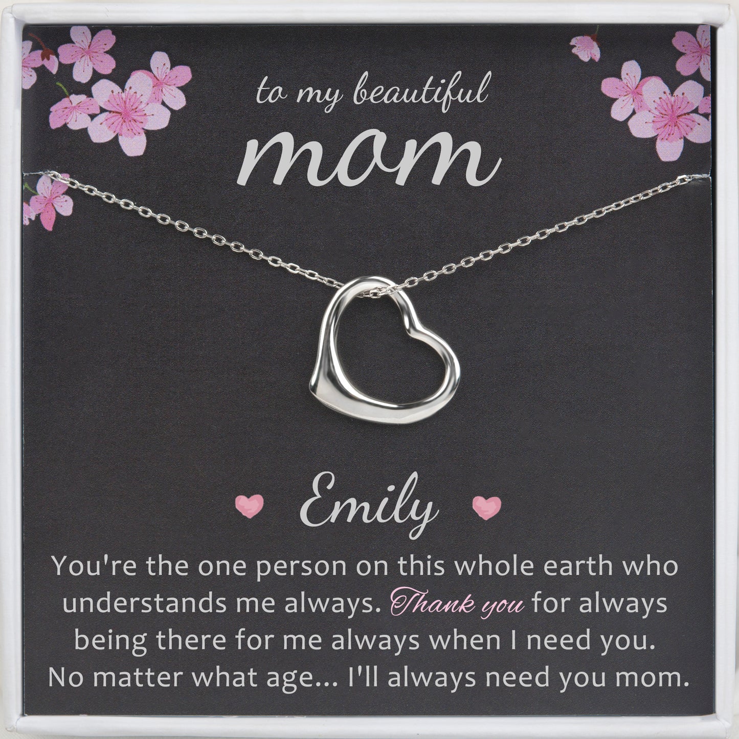 Personalized Mom Necklace Mother's Day Card Gift, To my beautiful Mom 925 Sterling Silver Heart Necklace