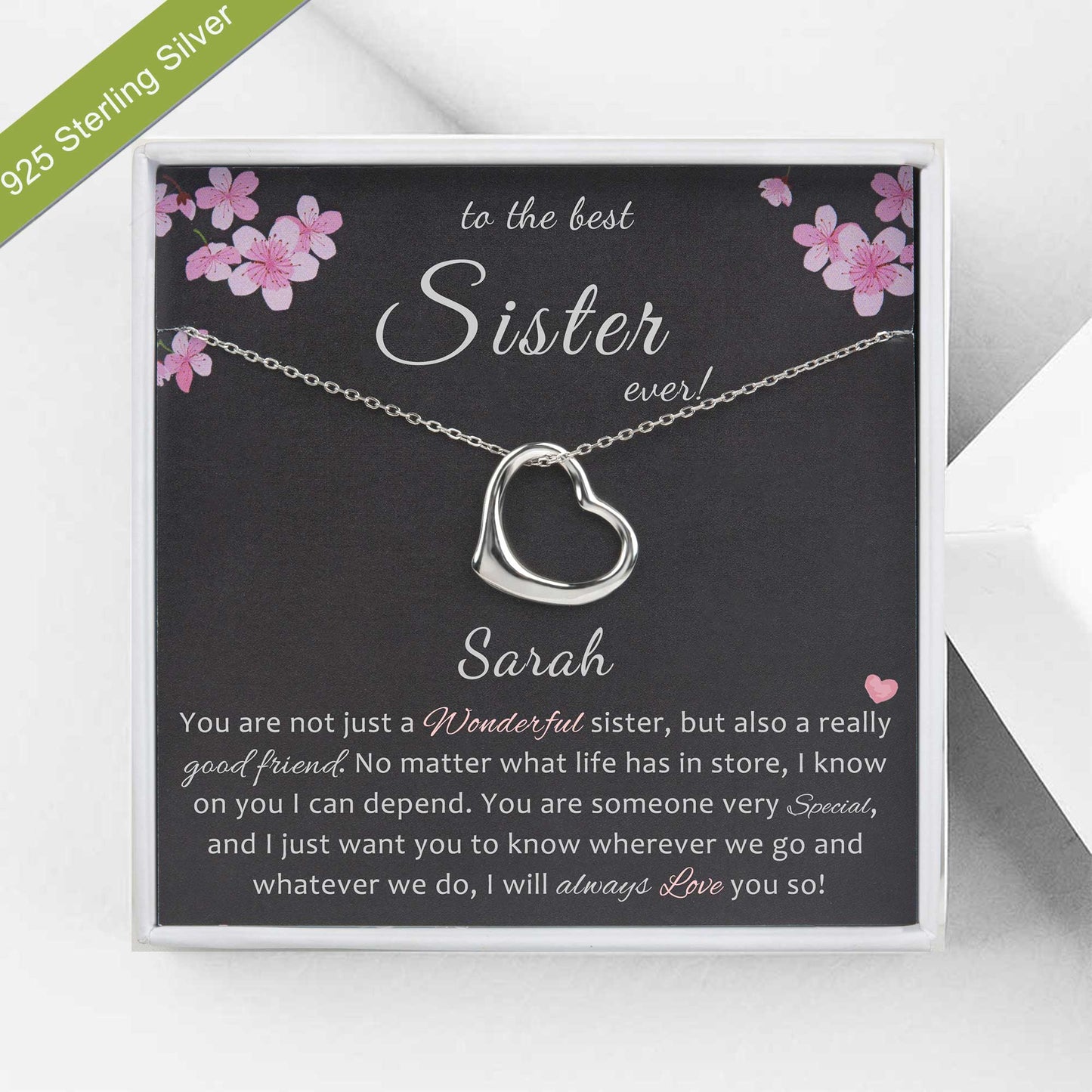 "To the Best Sister" Card and Dangling Heart Necklace