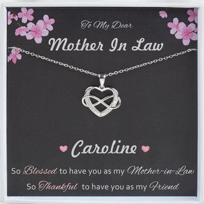 Mother in law Necklace Birthday Gift, Engraved 925 Sterling Silver Infinity with Heart Necklace Thank You Gift for Mother in Law