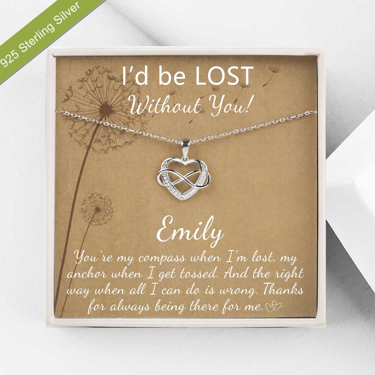 "I'd be lost without you" Card and Infinity Heart Necklace