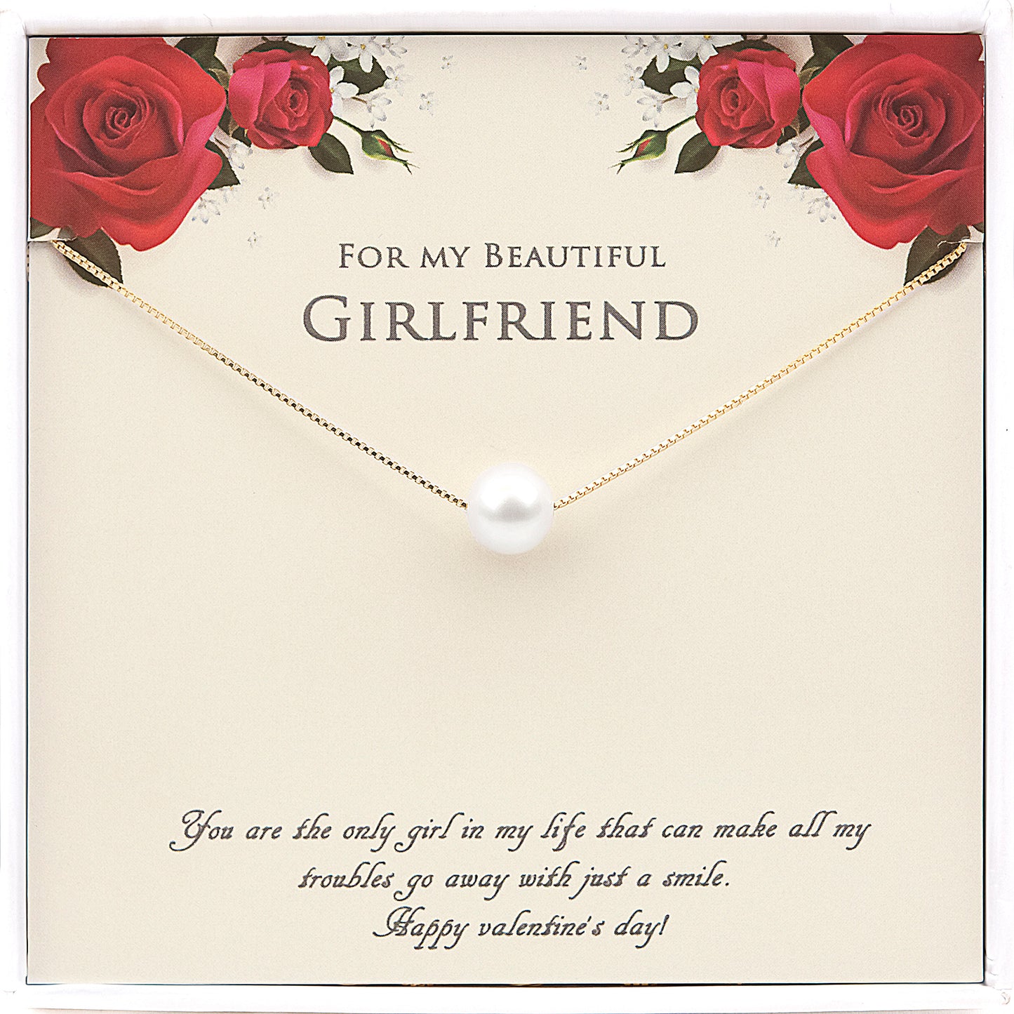 "For My Beautiful Girlfriend" Valentine's Card and Pearl Necklace