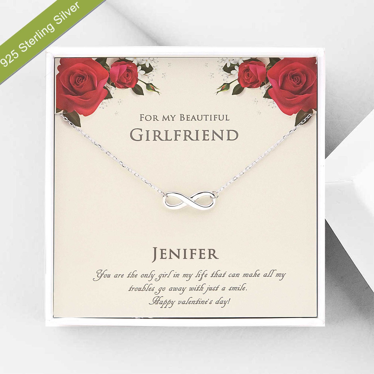 "For my Beautiful Girlfriend" Valentine's Day Card and Infinity Necklace