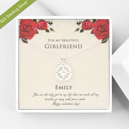 "For my Beautiful Girlfriend" Valentine's Day Card and Compass Necklace