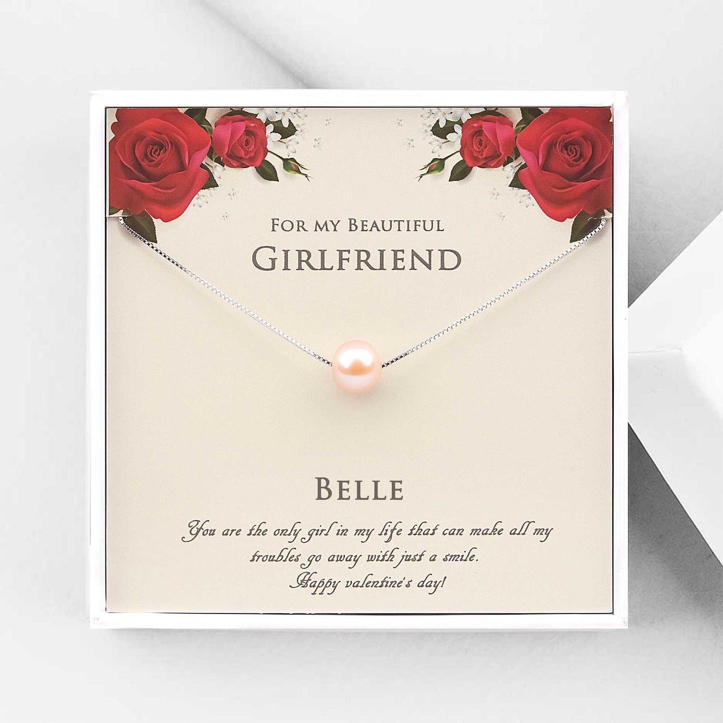 "For My Beautiful Girlfriend" Valentine's Card and Pearl Necklace