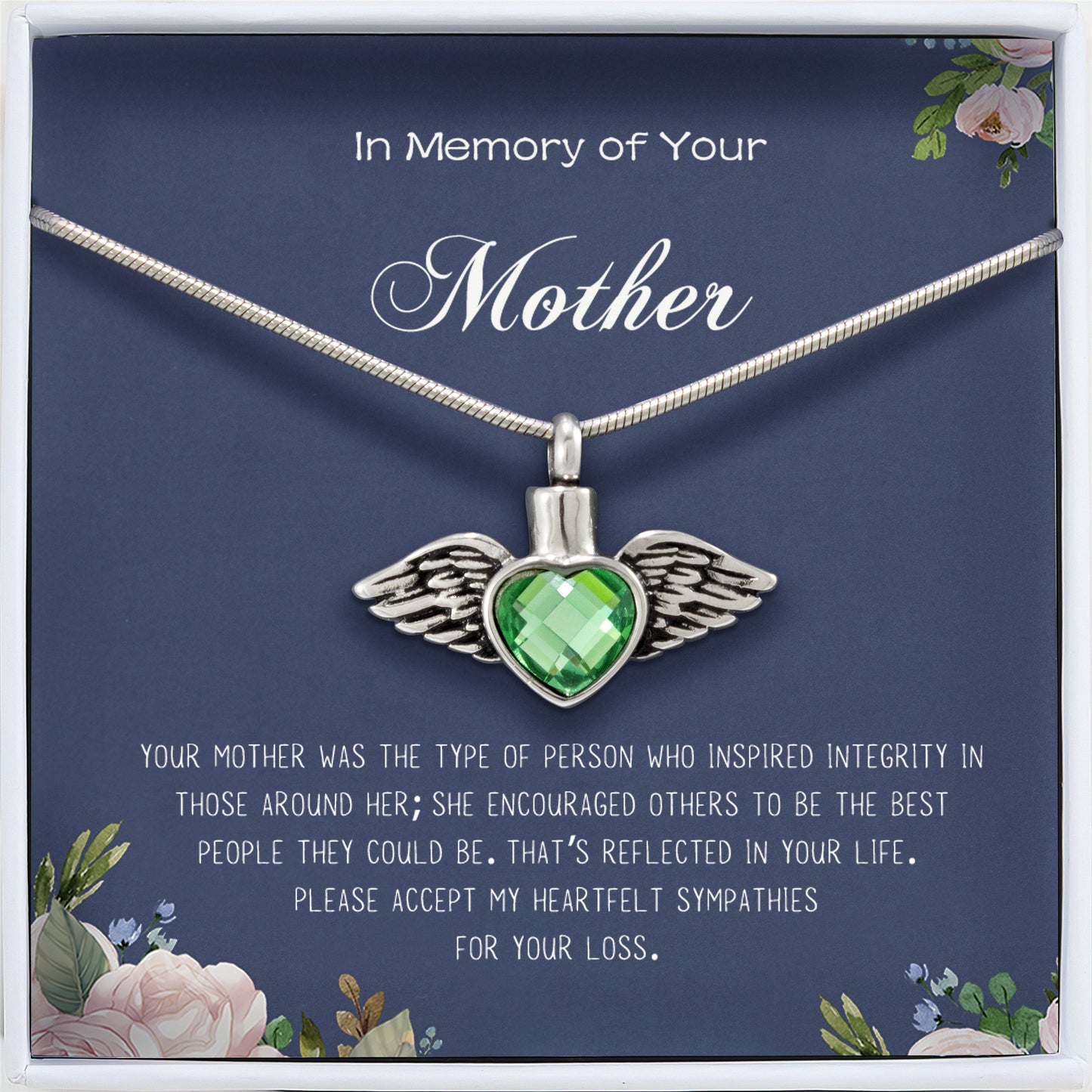 "In Memory of Your Mother" Angel Wing Crystal Heart Ashes Holder Memorial Necklace