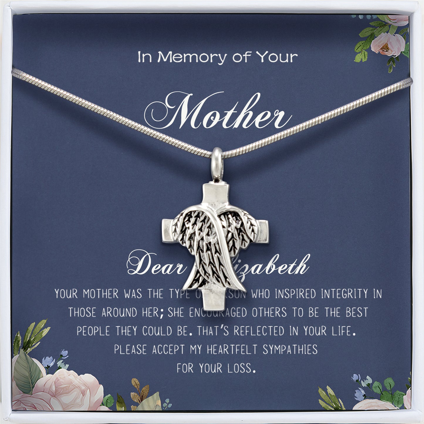 "In Memory of Your Mother Card and Angel Cross Memorial Necklace