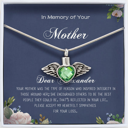 "In Memory of Your Mother" Angel Wing Crystal Heart Ashes Holder Memorial Necklace