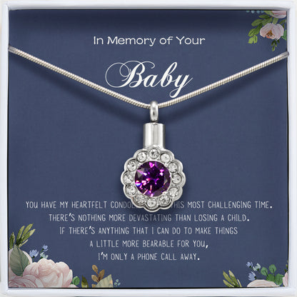 "In Loving Memory of Your Baby" Crystal Flower Memorial Necklace