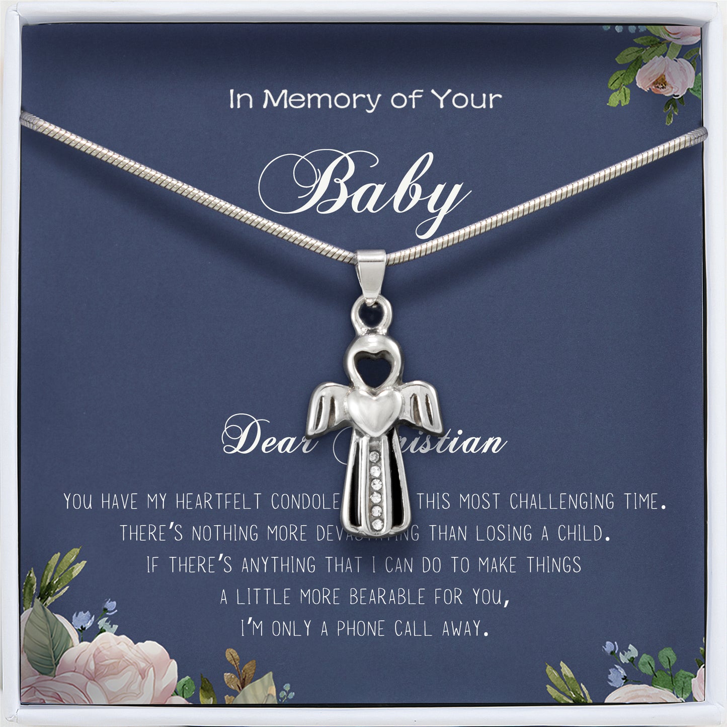 "In Memory of Your Baby" Angel Wing Heart Ashes Holder Memorial Necklace