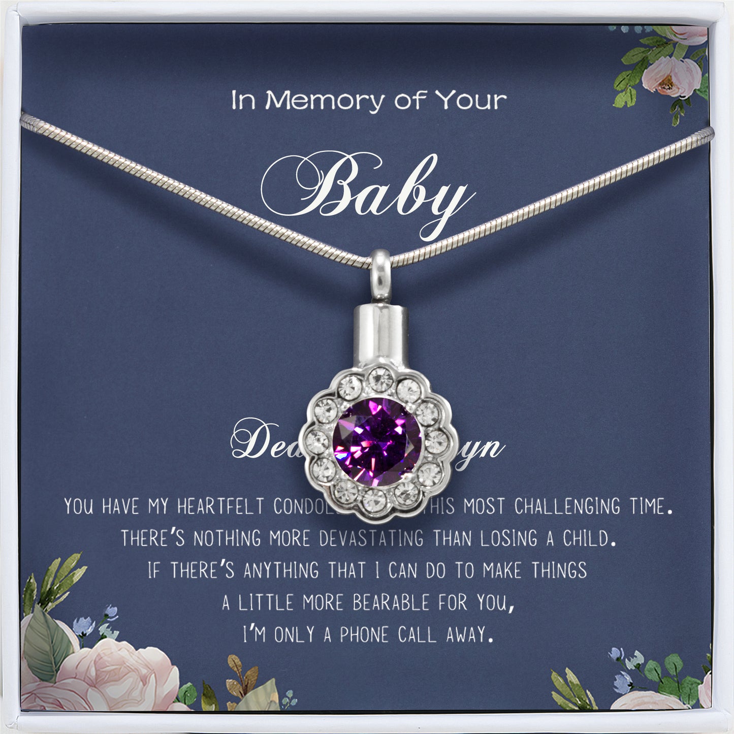 "In Loving Memory of Your Baby" Crystal Flower Memorial Necklace