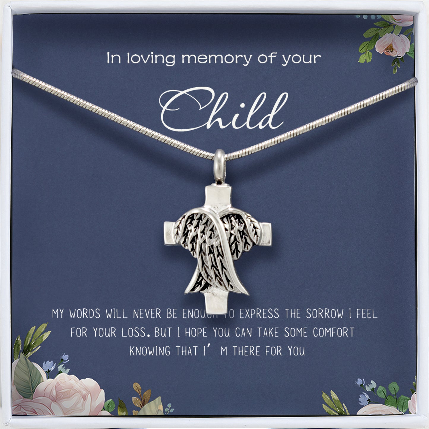 "In Loving Memory of your Child" Card and Angel Cross Memorial Necklace