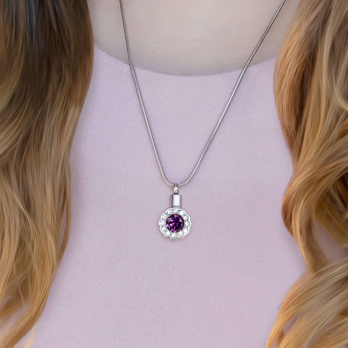 "In Loving Memory of Your Child" Card and  Purple Crystal Flower Memorial Necklace