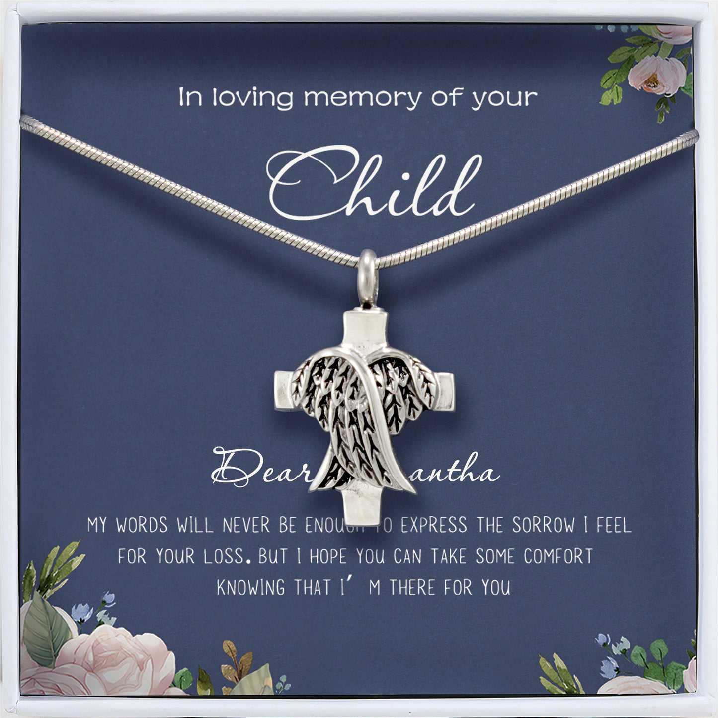 "In Loving Memory of your Child" Card and Angel Cross Memorial Necklace