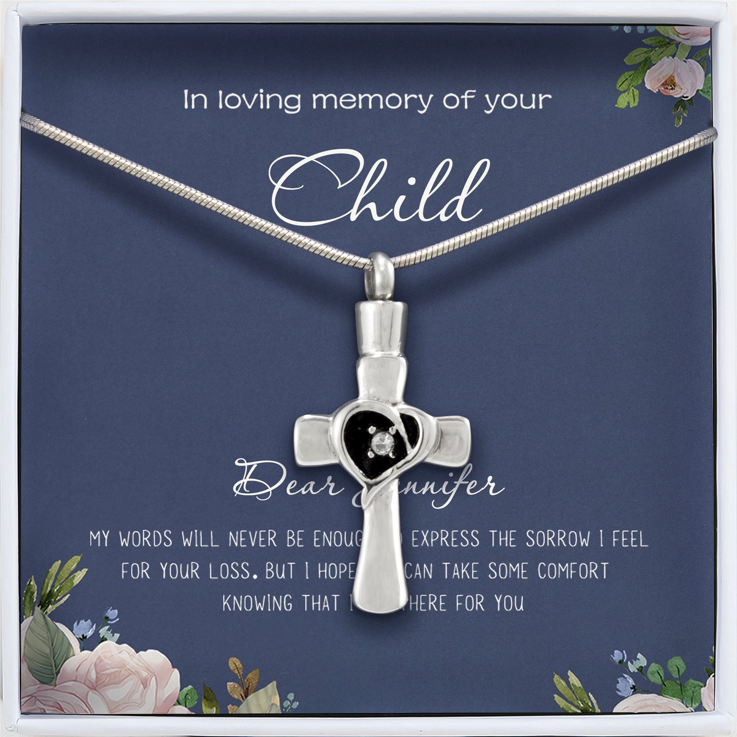 "In Love Memory of your Child" Heart Cross Memorial Necklace