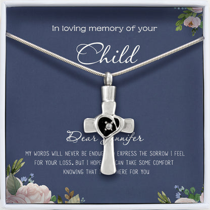 "In Love Memory of your Child" Heart Cross Memorial Necklace